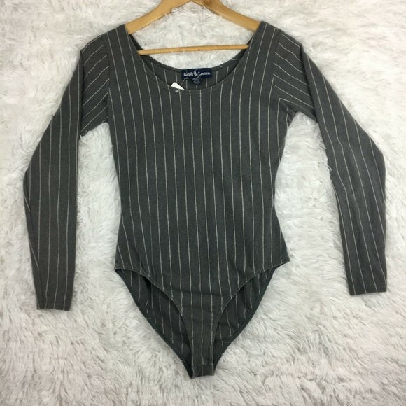 Ralph Lauren Blue Label Tops - Ralph Lauren Blue Label Bodysuit Grey and White Striped Long Sleeves Size M